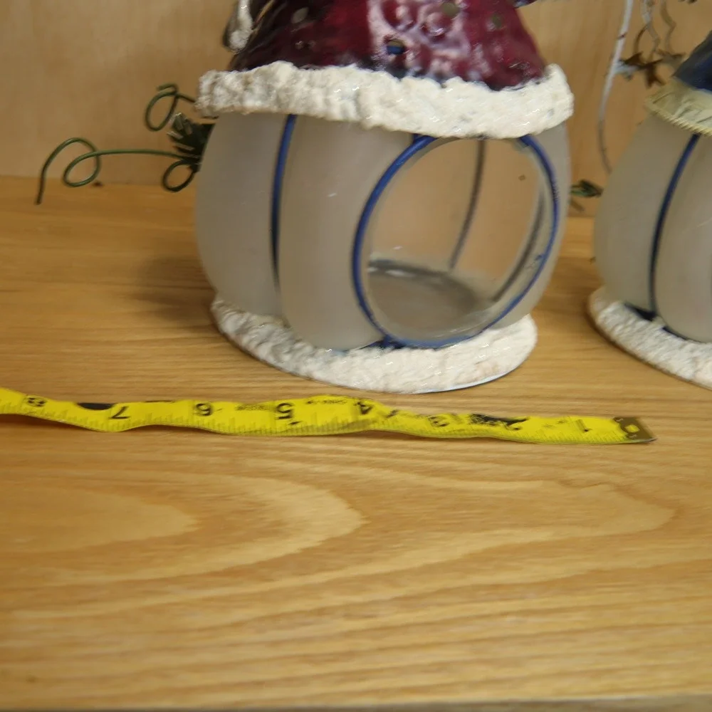 Vtg Metal & Frosted Glass Santa and Snowman Tea Light Holders Christmas Set of 2